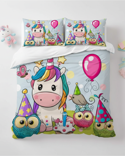 birthday owl party unicorn bedding - flat-lay