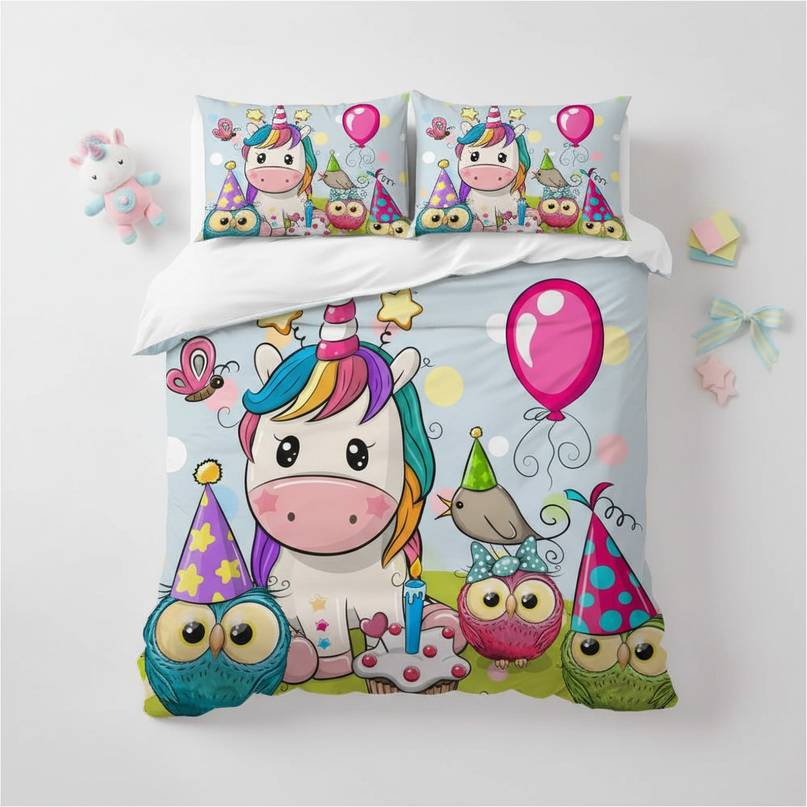 birthday owl party unicorn bedding - flat-lay