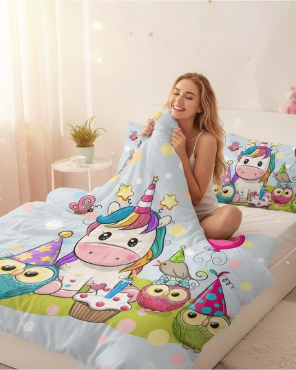 birthday owl party unicorn bedding - in-use