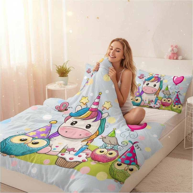 birthday owl party unicorn bedding - in-use