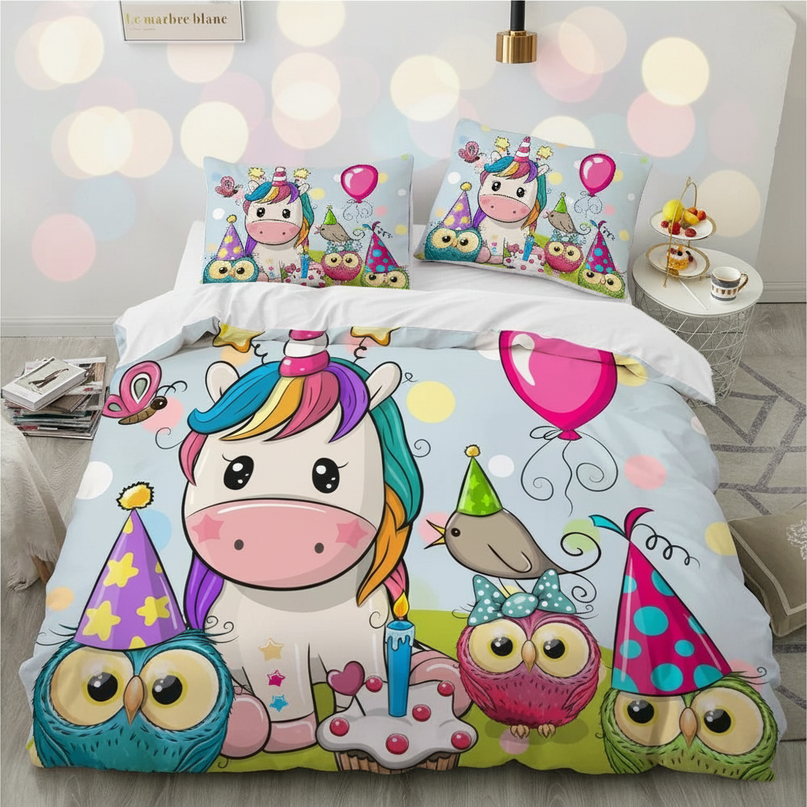 birthday owl party unicorn bedding - lifestyle