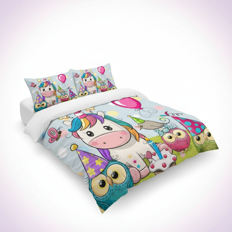 birthday owl party unicorn bedding - white-bg