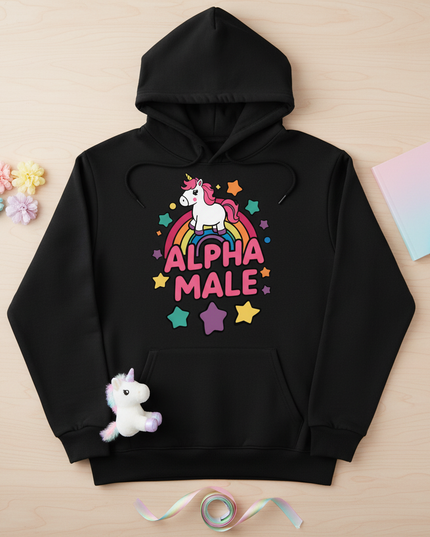 black alpha male unicorn hoodie - flat-lay
