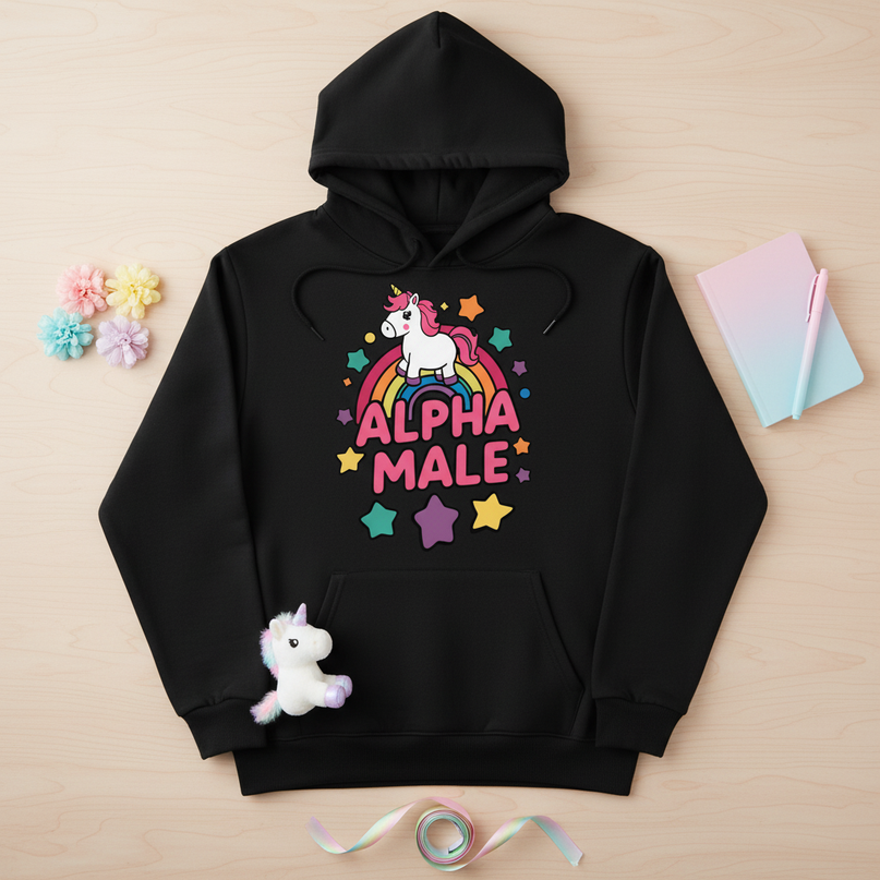 black alpha male unicorn hoodie - flat-lay