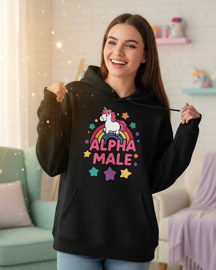 black alpha male unicorn hoodie - in-use