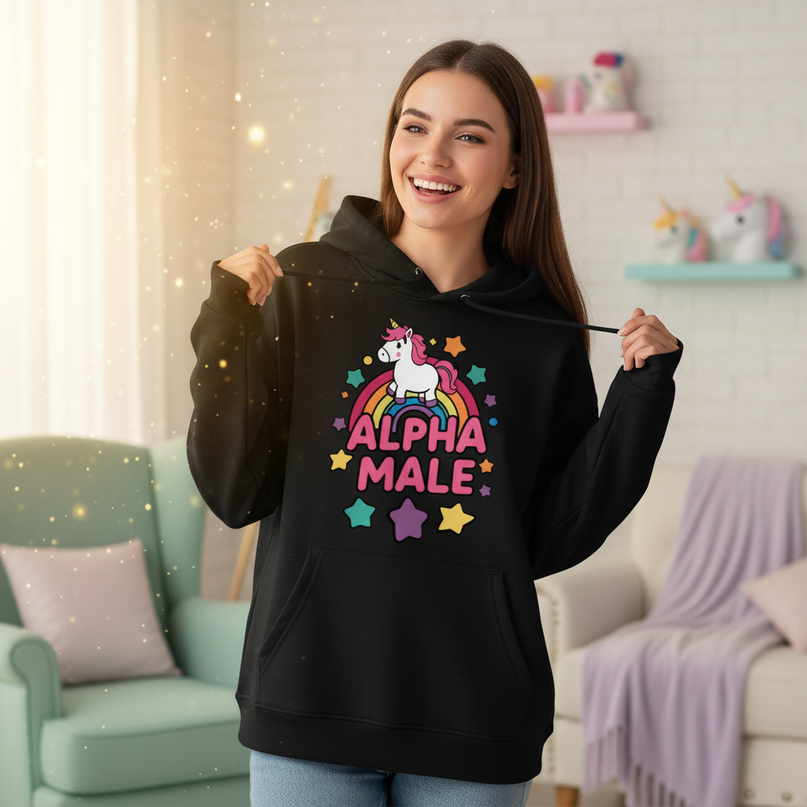 black alpha male unicorn hoodie - in-use