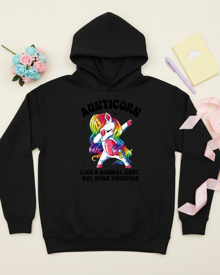 black aunt unicorn hoodie - flat-lay