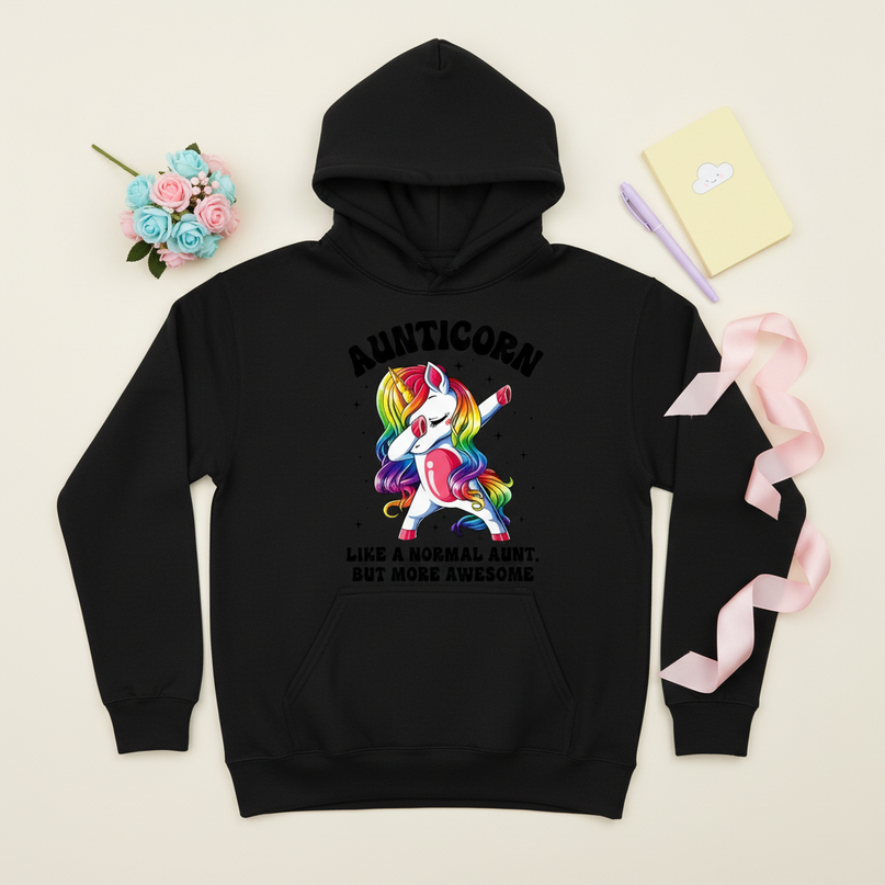 black aunt unicorn hoodie - flat-lay