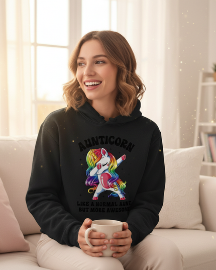 black aunt unicorn hoodie - in-use