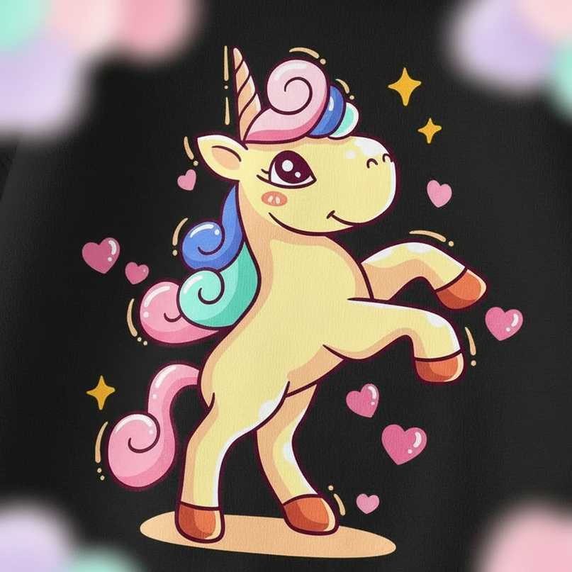 black cartoon unicorn hoodie - detail