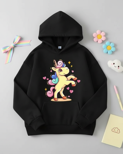 black cartoon unicorn hoodie - flat-lay