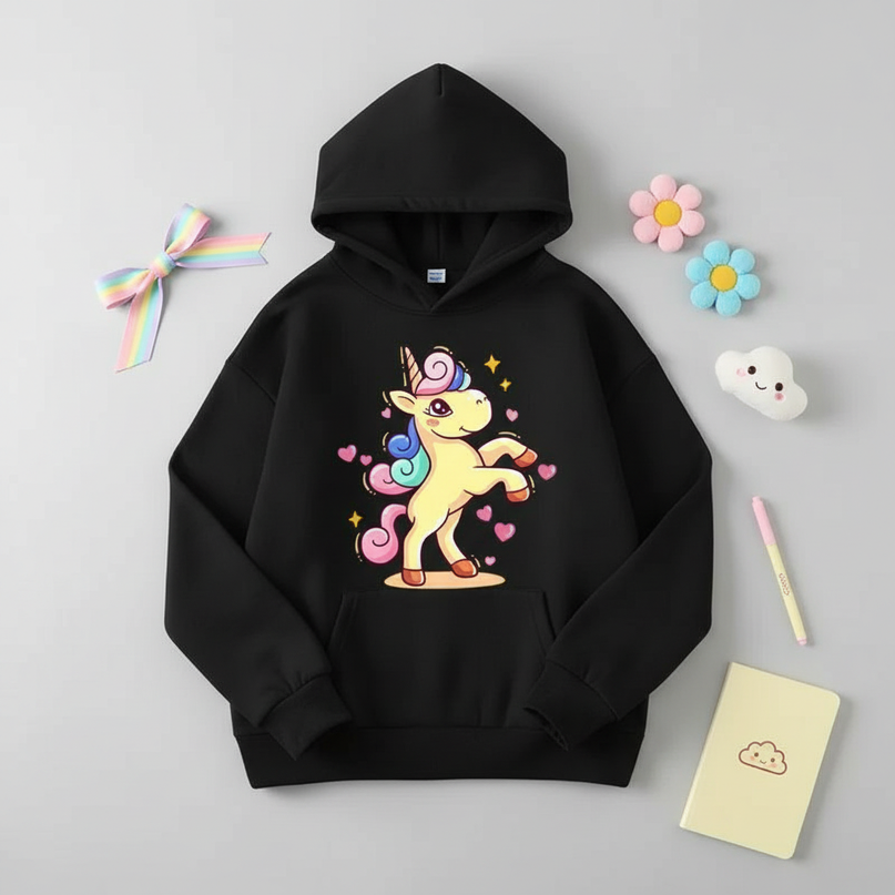 black cartoon unicorn hoodie - flat-lay