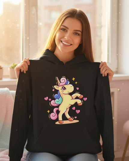 black cartoon unicorn hoodie - in-use