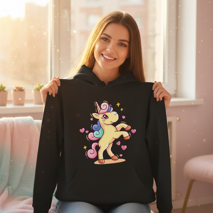 black cartoon unicorn hoodie - in-use