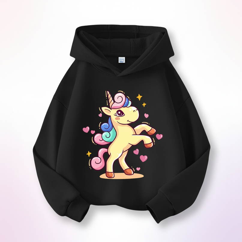 black cartoon unicorn hoodie - white-bg