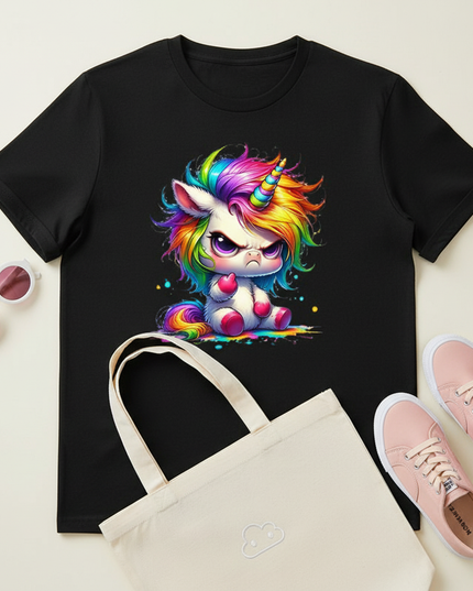 black cartoon unicorn shirt - flat-lay