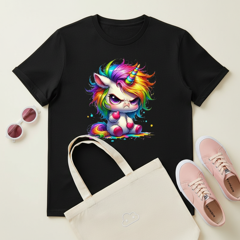 black cartoon unicorn shirt - flat-lay