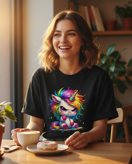 black cartoon unicorn shirt - in-use
