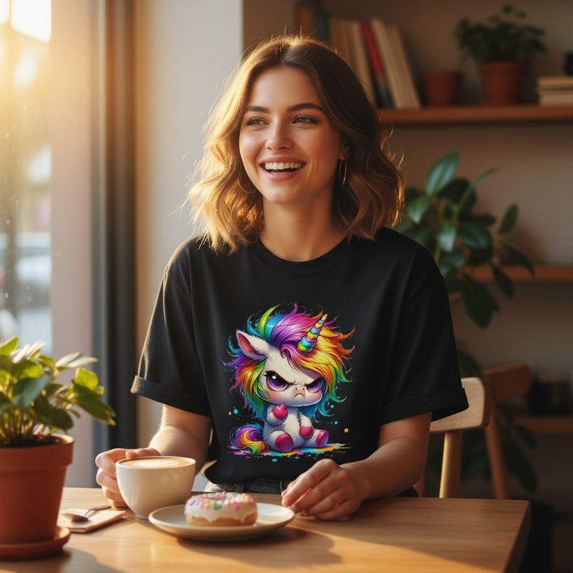 black cartoon unicorn shirt - in-use