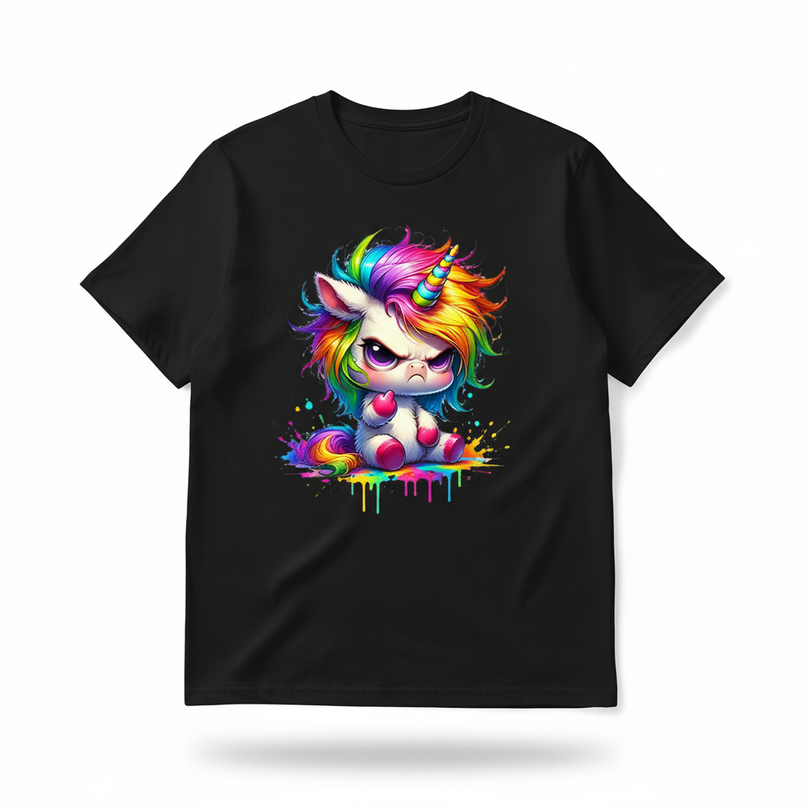 black cartoon unicorn shirt - white-bg