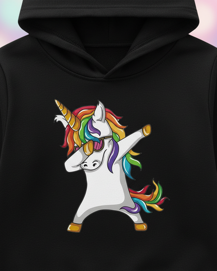 black dabbing unicorn kids hoodie - detail