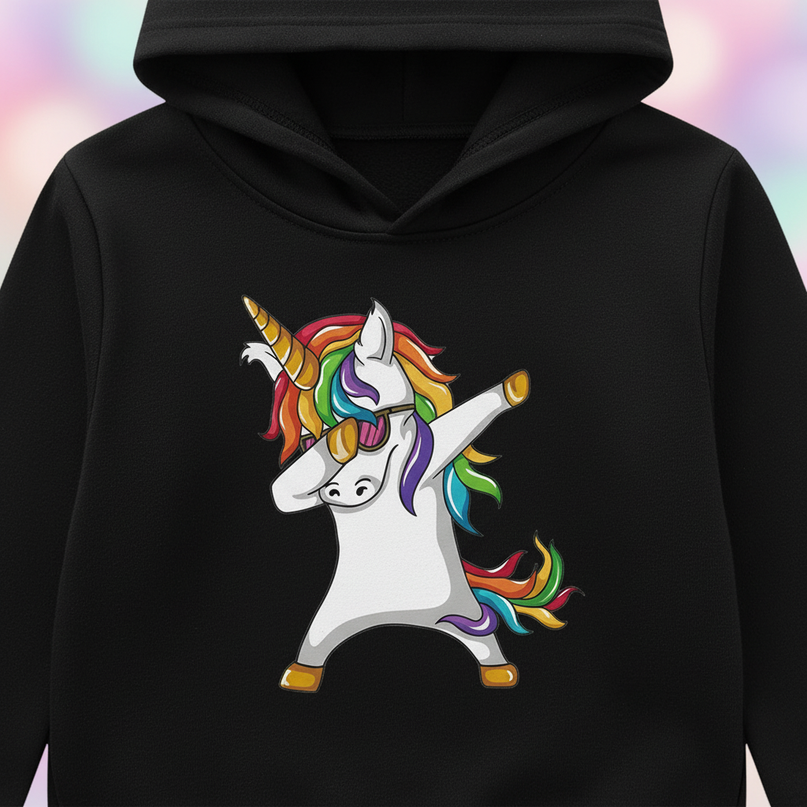 black dabbing unicorn kids hoodie - detail