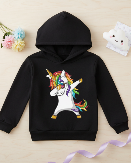 black dabbing unicorn kids hoodie - flat-lay