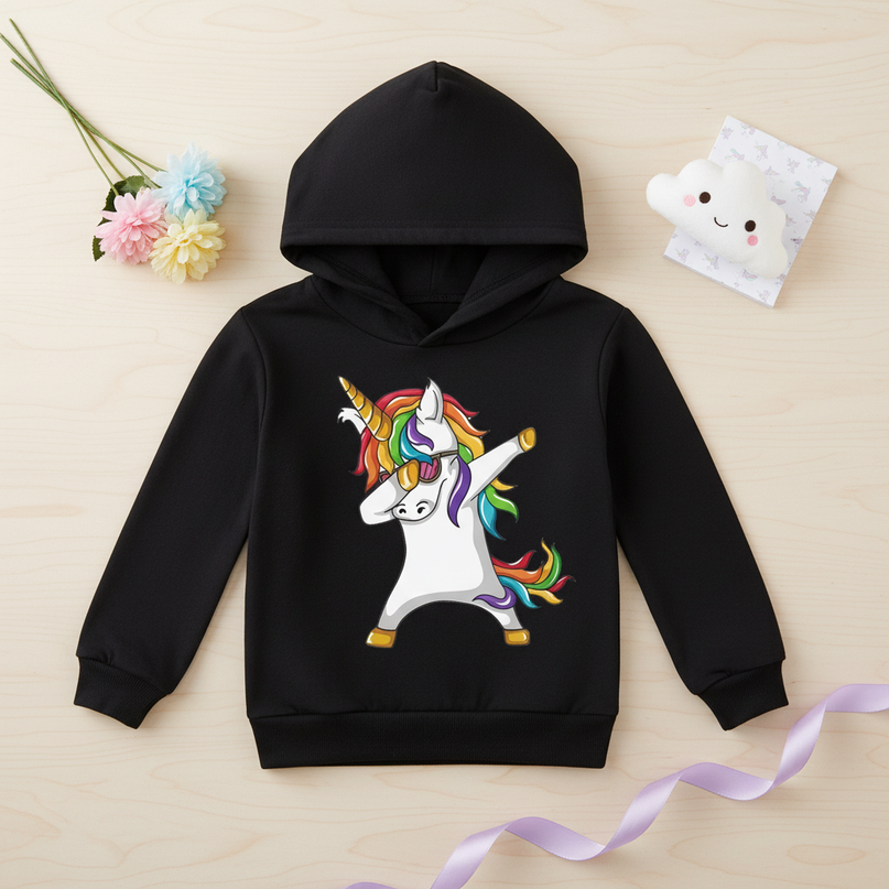 black dabbing unicorn kids hoodie - flat-lay