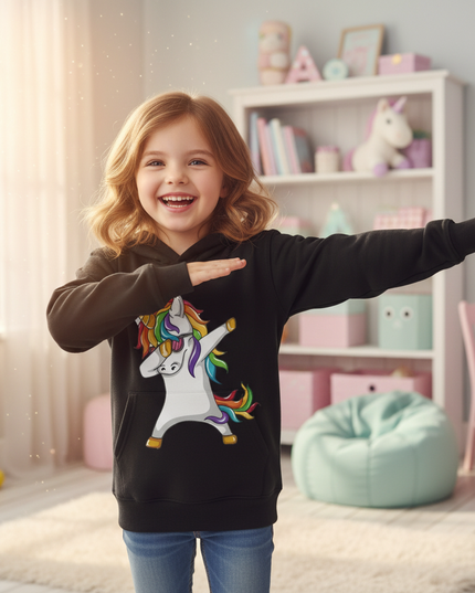 black dabbing unicorn kids hoodie - in-use