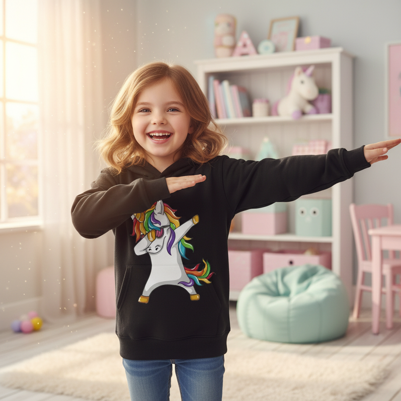 black dabbing unicorn kids hoodie - in-use