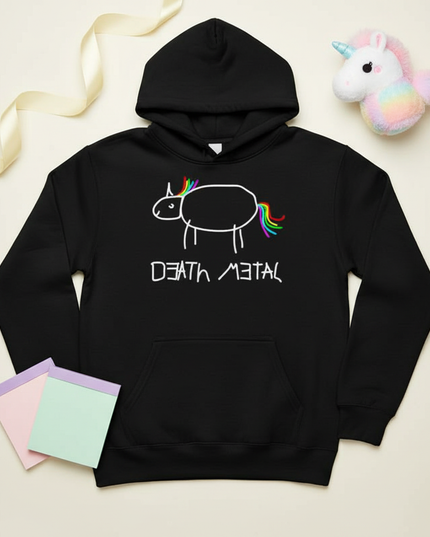 black death metal unicorn hoodie - flat-lay