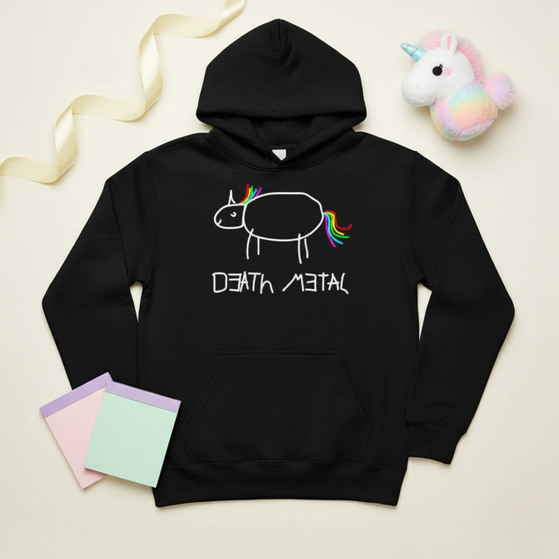 black death metal unicorn hoodie - flat-lay