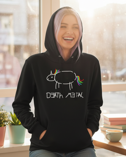 black death metal unicorn hoodie - in-use
