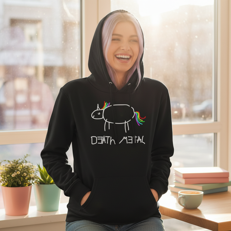 black death metal unicorn hoodie - in-use