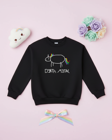 black death metal unicorn sweater - flat-lay