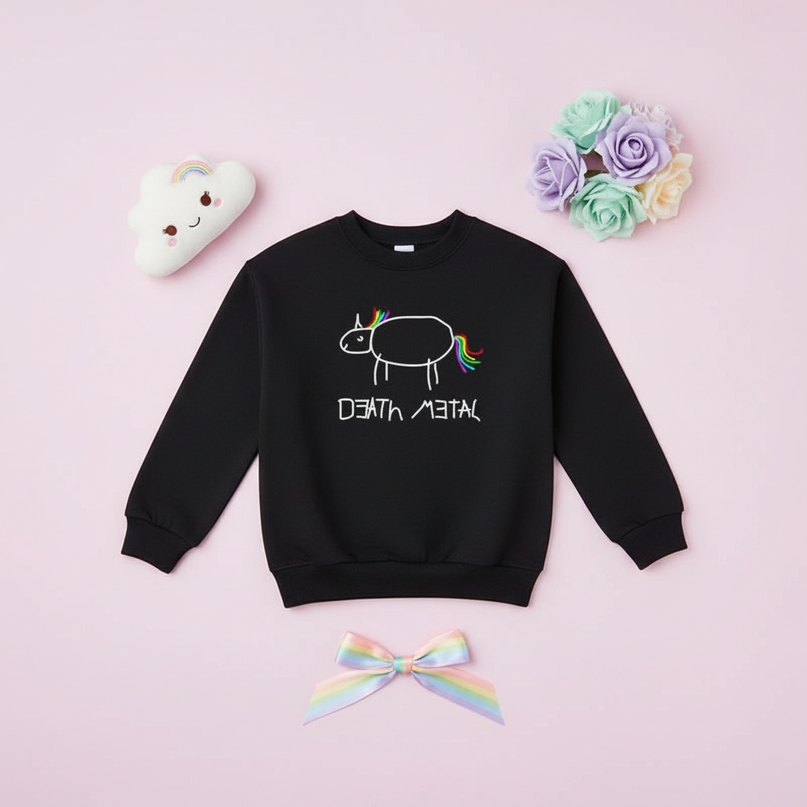black death metal unicorn sweater - flat-lay
