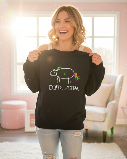 black death metal unicorn sweater - in-use