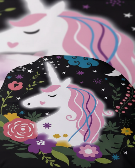 black floral wreath unicorn bedding - detail
