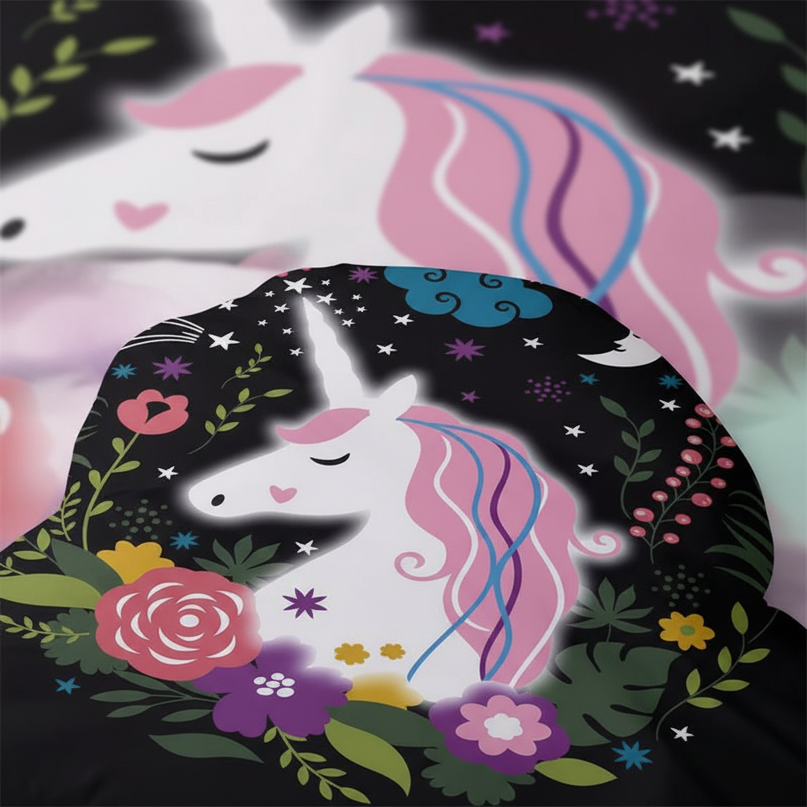 black floral wreath unicorn bedding - detail