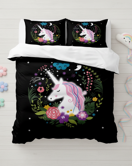 black floral wreath unicorn bedding - flat-lay