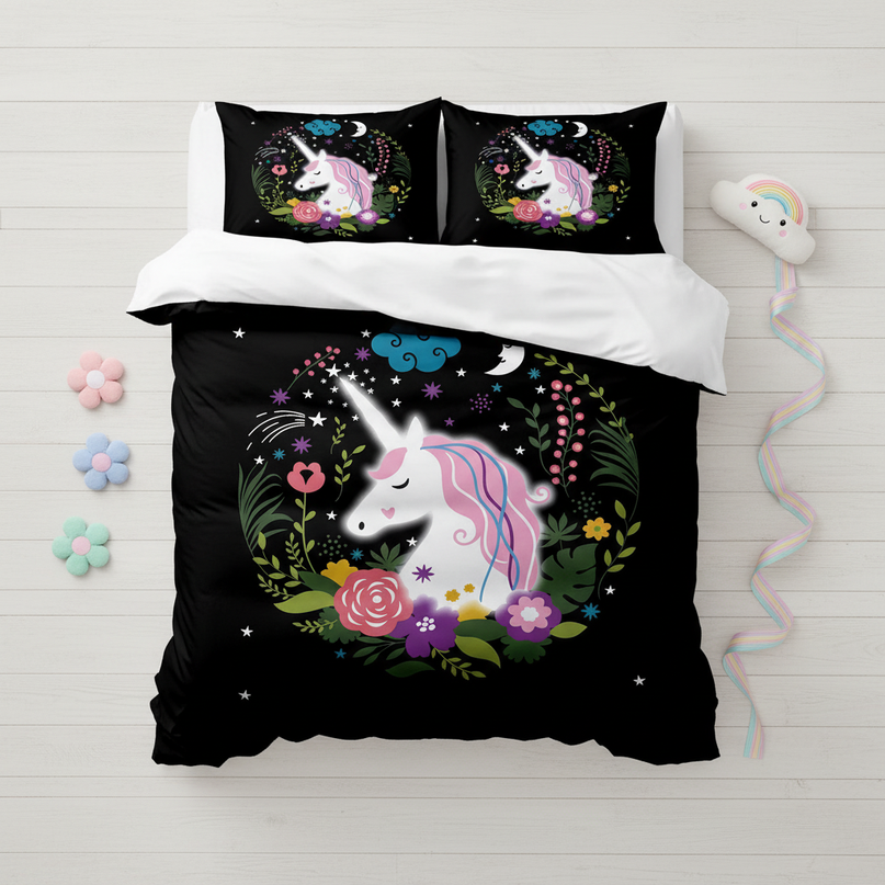 black floral wreath unicorn bedding - flat-lay