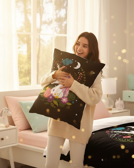 black floral wreath unicorn bedding - in-use