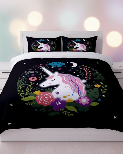 black floral wreath unicorn bedding - lifestyle