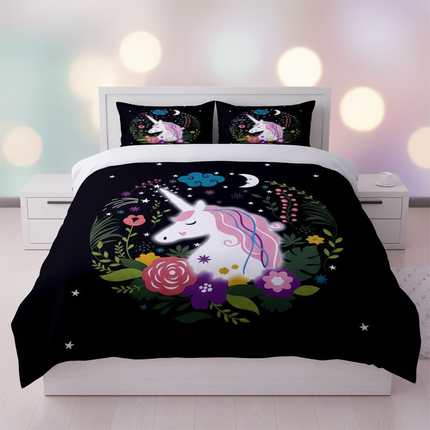black floral wreath unicorn bedding - lifestyle