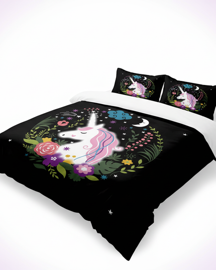 black floral wreath unicorn bedding - white-bg
