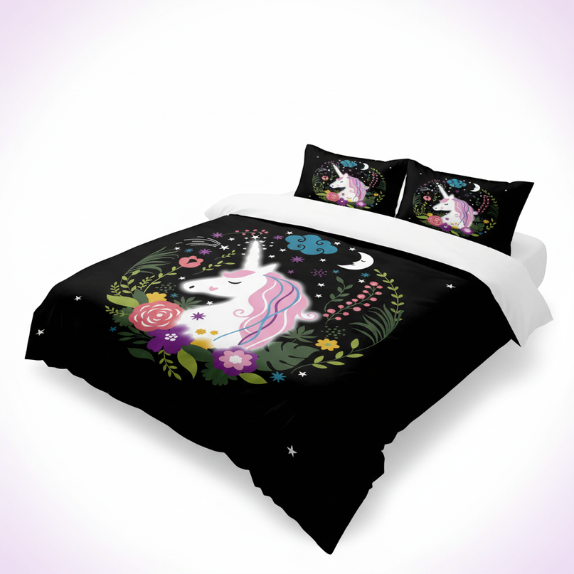 black floral wreath unicorn bedding - white-bg