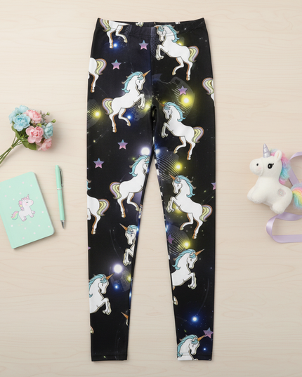 black galaxy unicorn leggings - flat-lay
