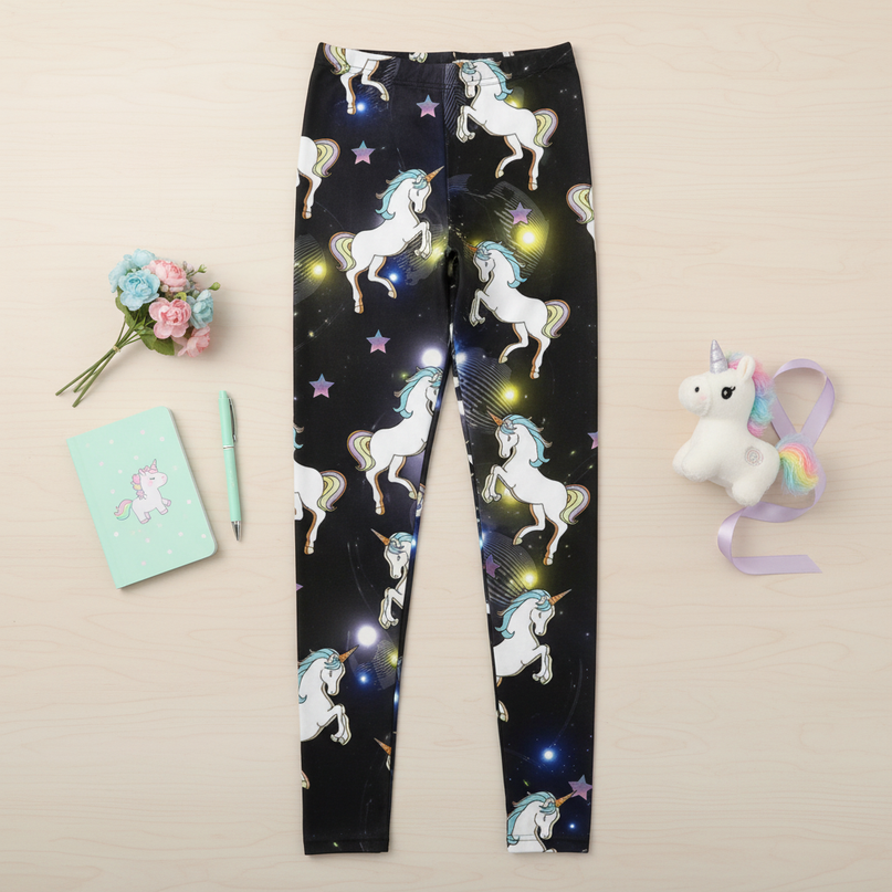 black galaxy unicorn leggings - flat-lay