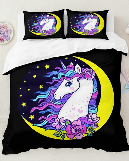 black moon rose unicorn bedding - flat-lay