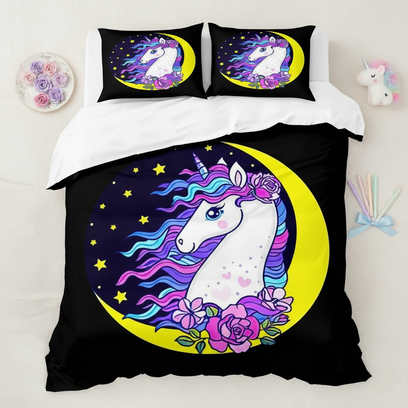 black moon rose unicorn bedding - flat-lay